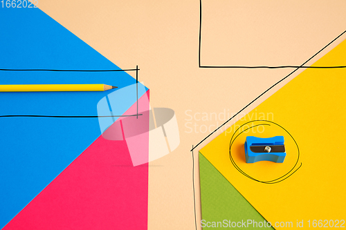 Image of Stationery in bright pop colors with visual illusion effect, modern trendy line art