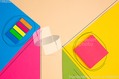 Image of Stationery in bright pop colors with visual illusion effect, modern trendy line art