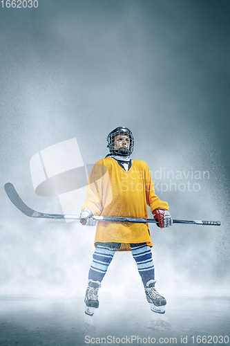 Image of Little hockey player with the stick on ice court in smoke. Sportsboy wearing equipment and helmet training in action.