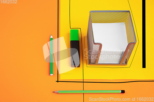 Image of Stationery in bright pop colors with visual illusion effect, modern trendy line art