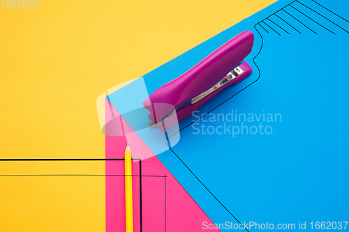 Image of Stationery in bright pop colors with visual illusion effect, modern trendy line art