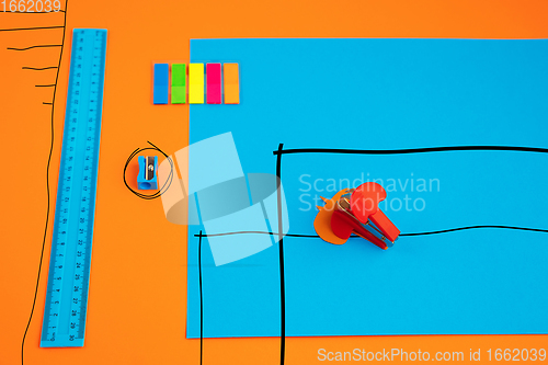 Image of Stationery in bright pop colors with visual illusion effect, modern trendy line art