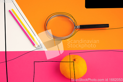 Image of Stationery in bright pop colors with visual illusion effect, modern trendy line art