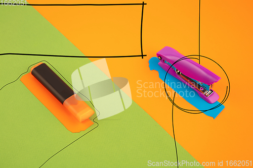 Image of Stationery in bright pop colors with visual illusion effect, modern trendy line art