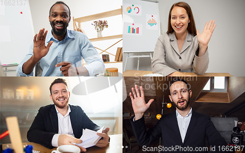 Image of Headshot screen application view of diverse employees have work web conference using modern platform, smiling colleagues