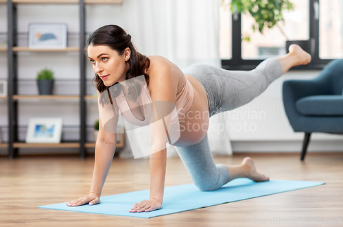 Image of happy pregnant woman doing sports at home