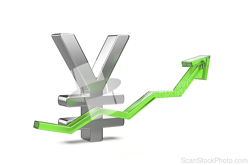 Image of Japanese Yen or Chinese Yuan symbol with green arrow pointing up