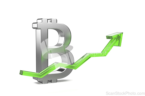 Image of Bitcoin symbol with green arrow pointing up