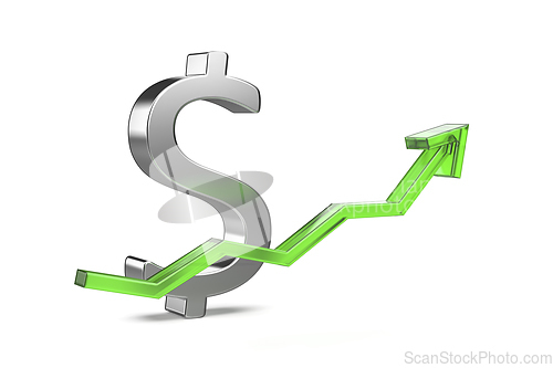 Image of United States dollar symbol with green arrow pointing up