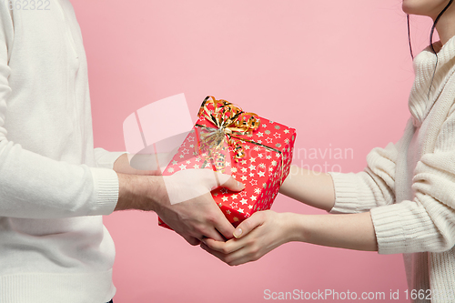 Image of Close up beautiful couple in love on pink studio background. Valentine\'s Day, love and emotions concept