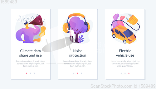 Image of Climate data share and use, noise protection, electric vehicle use app interface template.