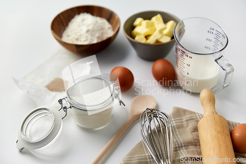 Image of ingredients and tools for food cooking on table