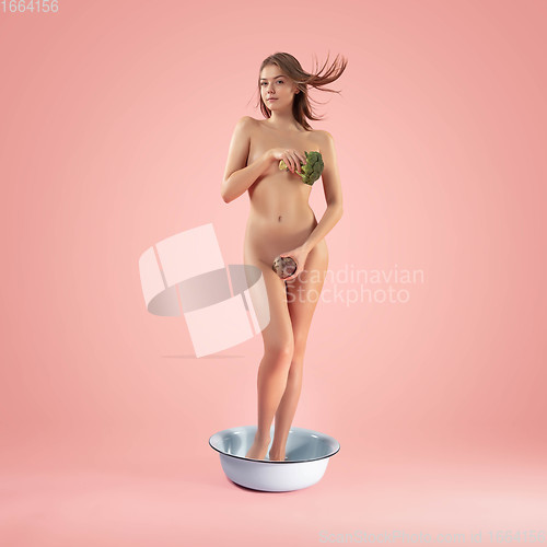 Image of Portrait of a girl like modern remake of the Birth of Venus by Botticelli on pink background with copyspace