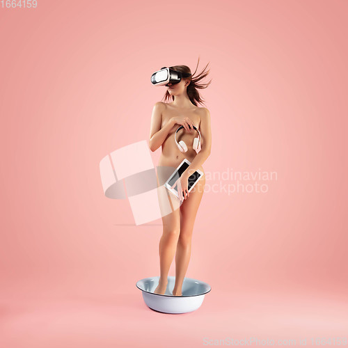 Image of Portrait of a girl like modern remake of the Birth of Venus by Botticelli on pink background with copyspace