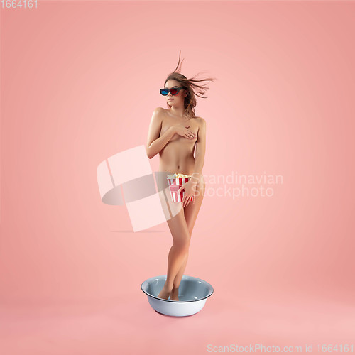 Image of Portrait of a girl like modern remake of the Birth of Venus by Botticelli on pink background with copyspace