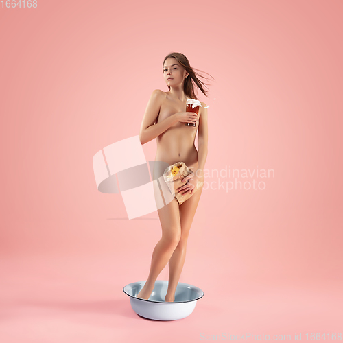 Image of Portrait of a girl like modern remake of the Birth of Venus by Botticelli on pink background with copyspace