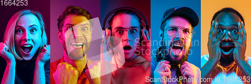 Image of Collage of portraits of young emotional people on multicolored background in neon. Concept of human emotions, facial expression, sales.