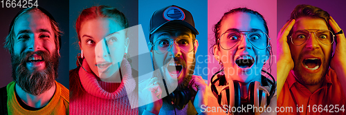 Image of Collage of portraits of young emotional people on multicolored background in neon. Concept of human emotions, facial expression, sales.