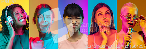 Image of Collage of portraits of young emotional people on multicolored background in neon. Concept of human emotions, facial expression, sales.