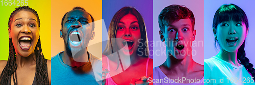 Image of Collage of portraits of young emotional people on multicolored background in neon. Concept of human emotions, facial expression, sales.