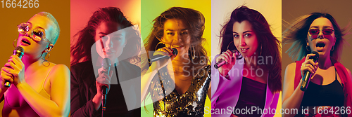 Image of Collage of portraits of young emotional womens on multicolored background in neon. Concept of human emotions, facial expression, sales.