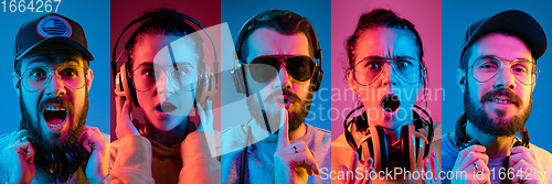 Image of Collage of portraits of young emotional people on multicolored background in neon. Concept of human emotions, facial expression, sales.