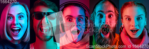 Image of Collage of portraits of young emotional people on multicolored background in neon. Concept of human emotions, facial expression, sales.