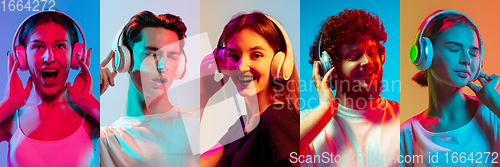 Image of Collage of portraits of young emotional people on multicolored background in neon. Concept of human emotions, facial expression, sales.