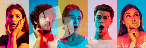 Image of Collage of portraits of young emotional people on multicolored background in neon. Concept of human emotions, facial expression, sales.