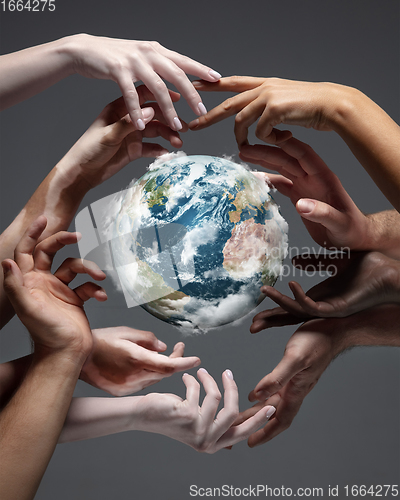 Image of Hands holding planet Earth, close up on grey background. Environment save, taking care of nature and ecology, supporting hands concept