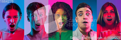 Image of Collage of portraits of young emotional people on multicolored background in neon. Concept of human emotions, facial expression, sales.