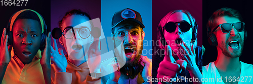 Image of Collage of portraits of young emotional people on multicolored background in neon. Concept of human emotions, facial expression, sales.