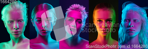 Image of Collage of portraits of young beautiful girls on dark background in neon. Concept of human emotions, facial expression, sales.