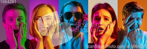 Image of Collage of portraits of young emotional people on multicolored background in neon. Concept of human emotions, facial expression, sales.