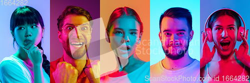 Image of Collage of portraits of young emotional people on multicolored background in neon. Concept of human emotions, facial expression, sales.