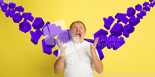 Image of Man shouting, screaming angry on studio background. Sales, offer, business, cheering fun concept.