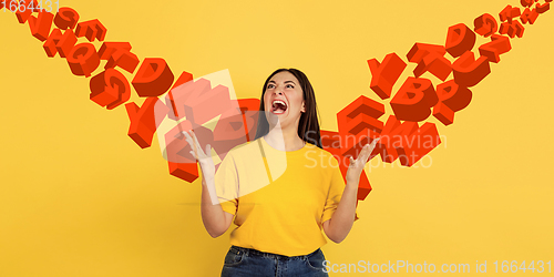 Image of Woman shouting, screaming on studio background. Sales, offer, business, cheering fun concept.