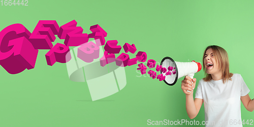 Image of Woman shouting with megaphone, loudspeaker on studio background. Sales, offer, business, cheering fun concept.