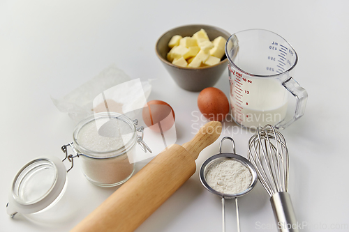 Image of ingredients and tools for food cooking on table