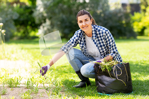 Image of woman weeding flowerbed at summer garden