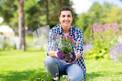 Image of woman planting rose flowers at summer garden