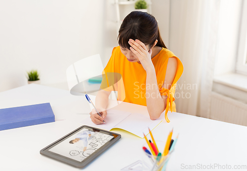 Image of asian student girl with tablet pc learning online