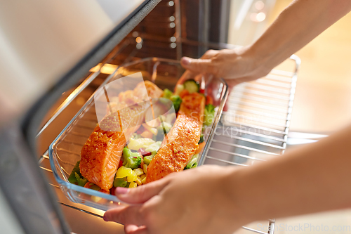 Image of woman cooking food in oven at home kitchen