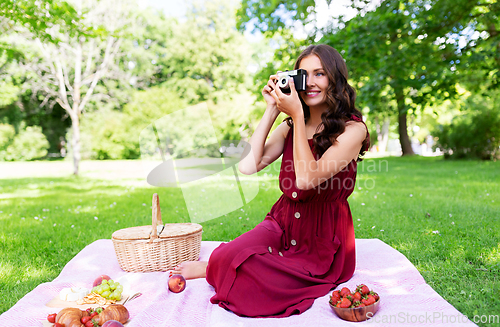 Image of happy woman with camera on picnic at park