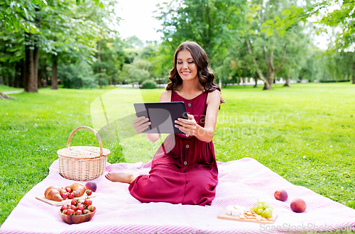 Image of happy woman with tablet computer on picnic at park