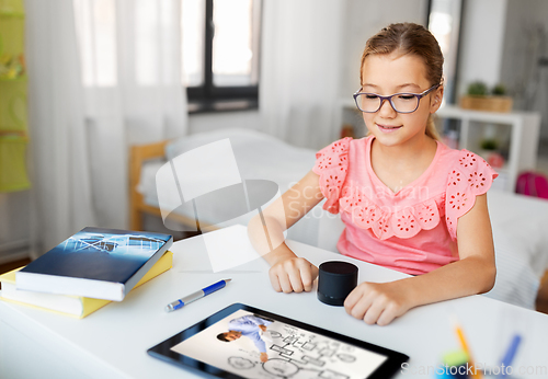 Image of student girl using smart speaker at home