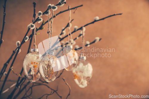 Image of Holidays and Easter concept - close up of pussy willow branches decorated with Easter eggs