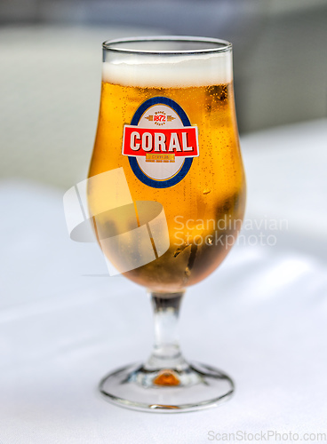 Image of glass of Coral beer on restaurant table