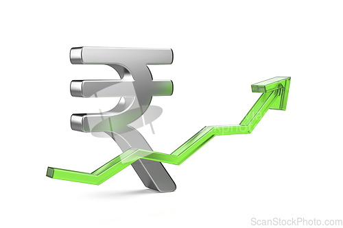 Image of Indian rupee symbol with green arrow pointing up