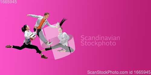Image of Happy office workers jumping and dancing in casual clothes or suit on gradient neon fluid background. Flyer with copyspace